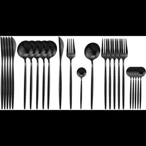 Black Flatware Serving Set 24 Piece, Stainless Steel Silverware Set, Titanium